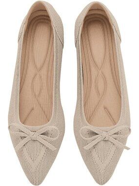 Women's Beige Knit Flats Closed Pointed Toe Bow Knit Ballet Comfortable Shoes